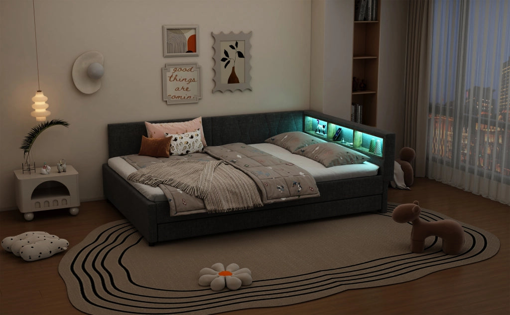 DESMIU Letto a giorno 140 × 200 cm 2 posti con USB, Type-C e LED, senza materasso, in lino, grigio
