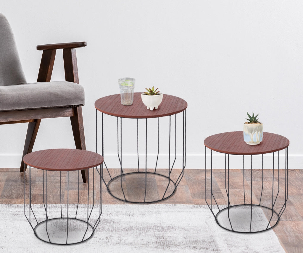 Set 3 Tavolini Da Salotto Sovrapponibili Rotondi Design Moderno Tavolino Da Caffè Estraibili Mobile Soggiorno Tavolo Divano Top In Legno Struttura In Acciaio Stile Industrial Vano Porta Oggetti  - Marrone - Modello 2
