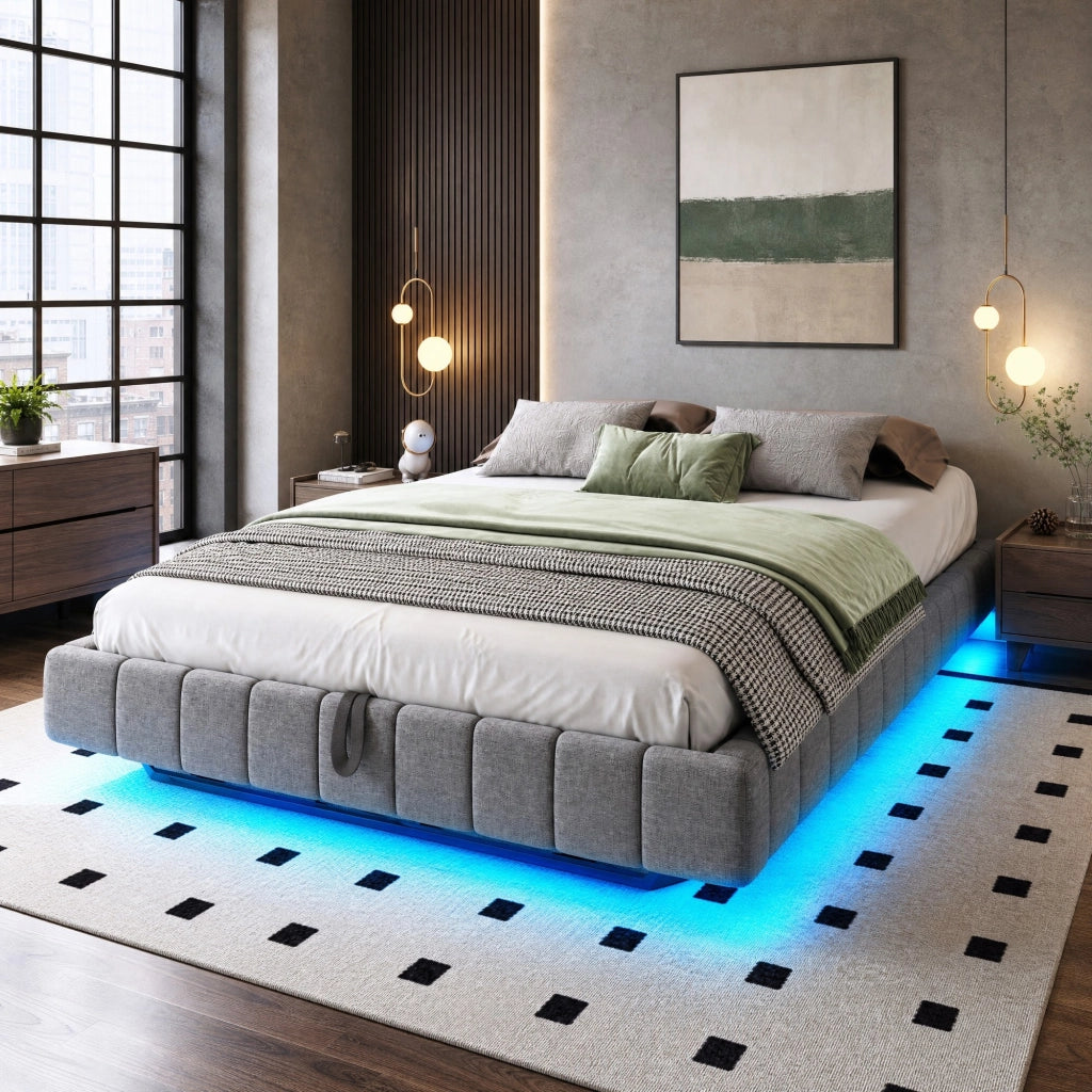 Letto matrimoniale imbottito 160x200 cm con contenitore; luci LED; grigio