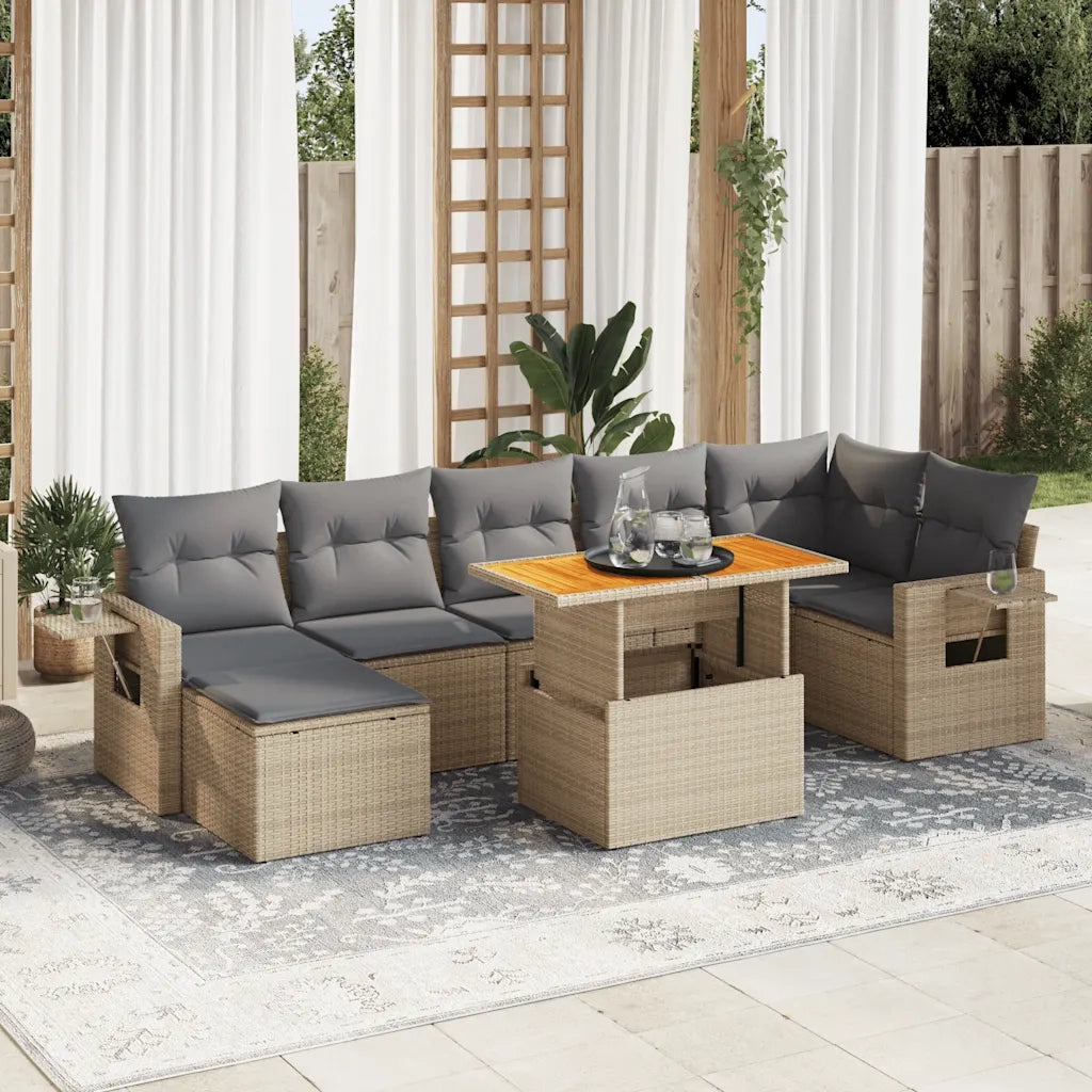 Set Divano da Giardino 8 pz con Cuscini Beige in Polyrattan