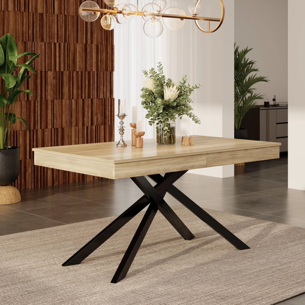 Tavolo da pranzo allungabile per 6-8 persone con piano spesso e gambe incrociate per cucina e soggiorno in MDF rovere