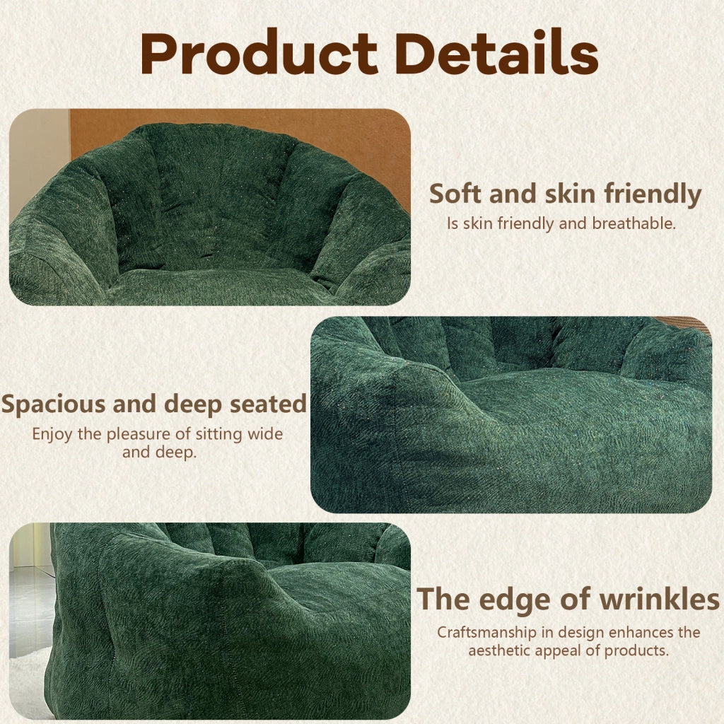 Poltrona pouf rotonda ergonomica con supporto avvolgente e ampia seduta in flanella verde 49.0 × 40.0 × 28.0 cm