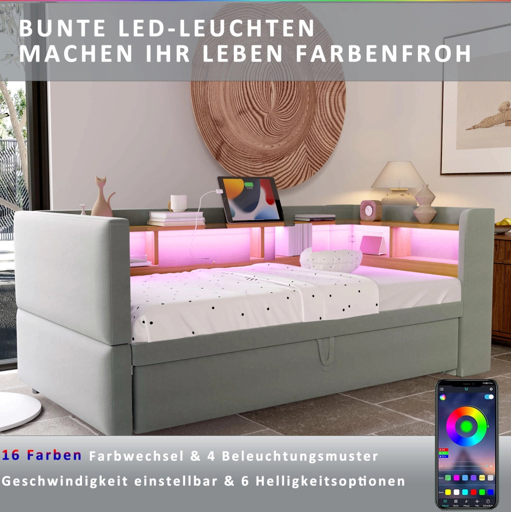 Divano Letto Imbottito Estraibile 90/180x190 cm con LED, Prese Elettriche e Numerosi Ripiani, Grigio Chiaro