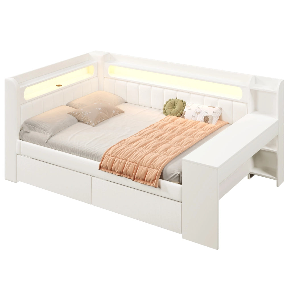 Letto imbottito 140x200 cm con LED; USB; scrivania e 2 cassetti in MDF e compensato bianco
