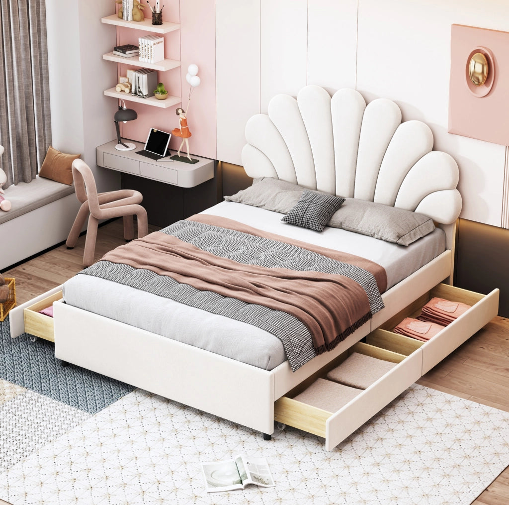 Letto imbottito 140x200 cm con 4 cassetti e testiera a fiore; velluto beige (Senza materasso)