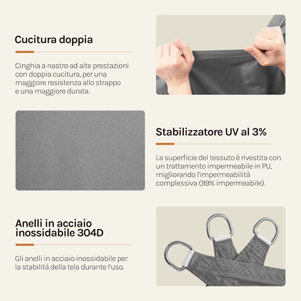 Vela ombreggiante 5x7m in HDPE 180 g/m² Traspirante Tenda a Vela Parasole Rettangolare Protezione Solare Respirante Anti UV Giardino Esterni Grigio