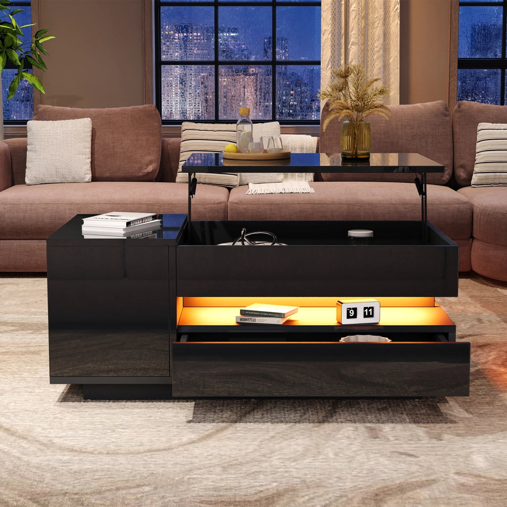 Tavolino da salotto 95x50x40 cm; piano sollevabile con LED e vani portaoggetti; truciolare; nero lucido