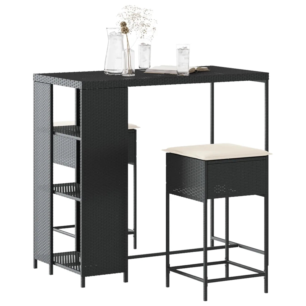 vidaXL Set Bar da Giardino 3 pz con Cuscini in Polyrattan Nero