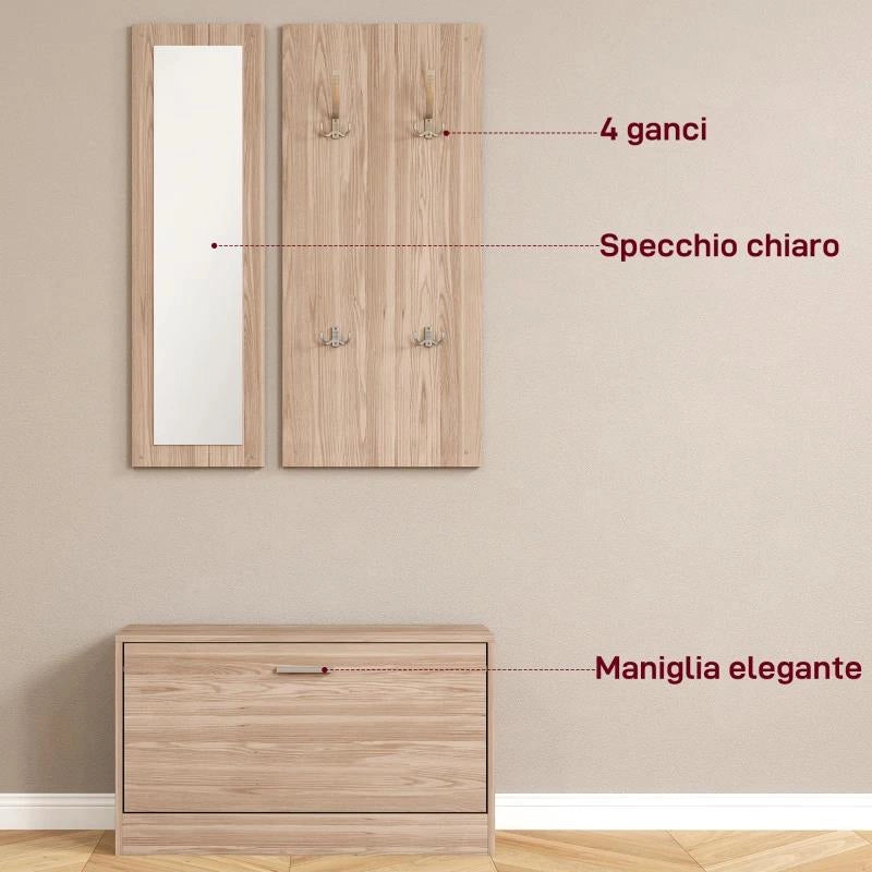 SET MOBILI DA INGRESSO CON PANCA SCARPIERA, APPENDIABITI A MURO E SPECCHIO, 80X27X46.5 CM, MARRONE SCURO