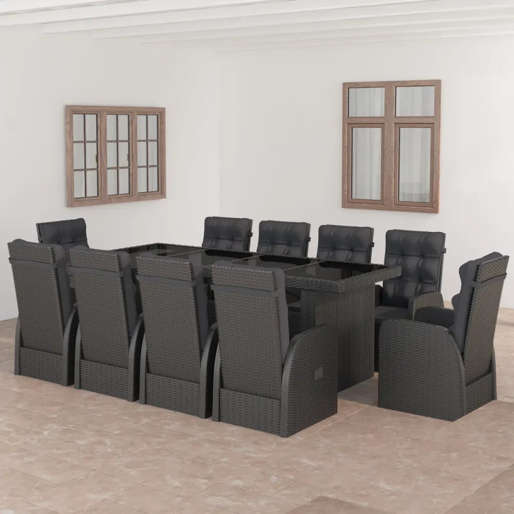 Set da Pranzo da Giardino 11 pz con Cuscini in Polyrattan Nero