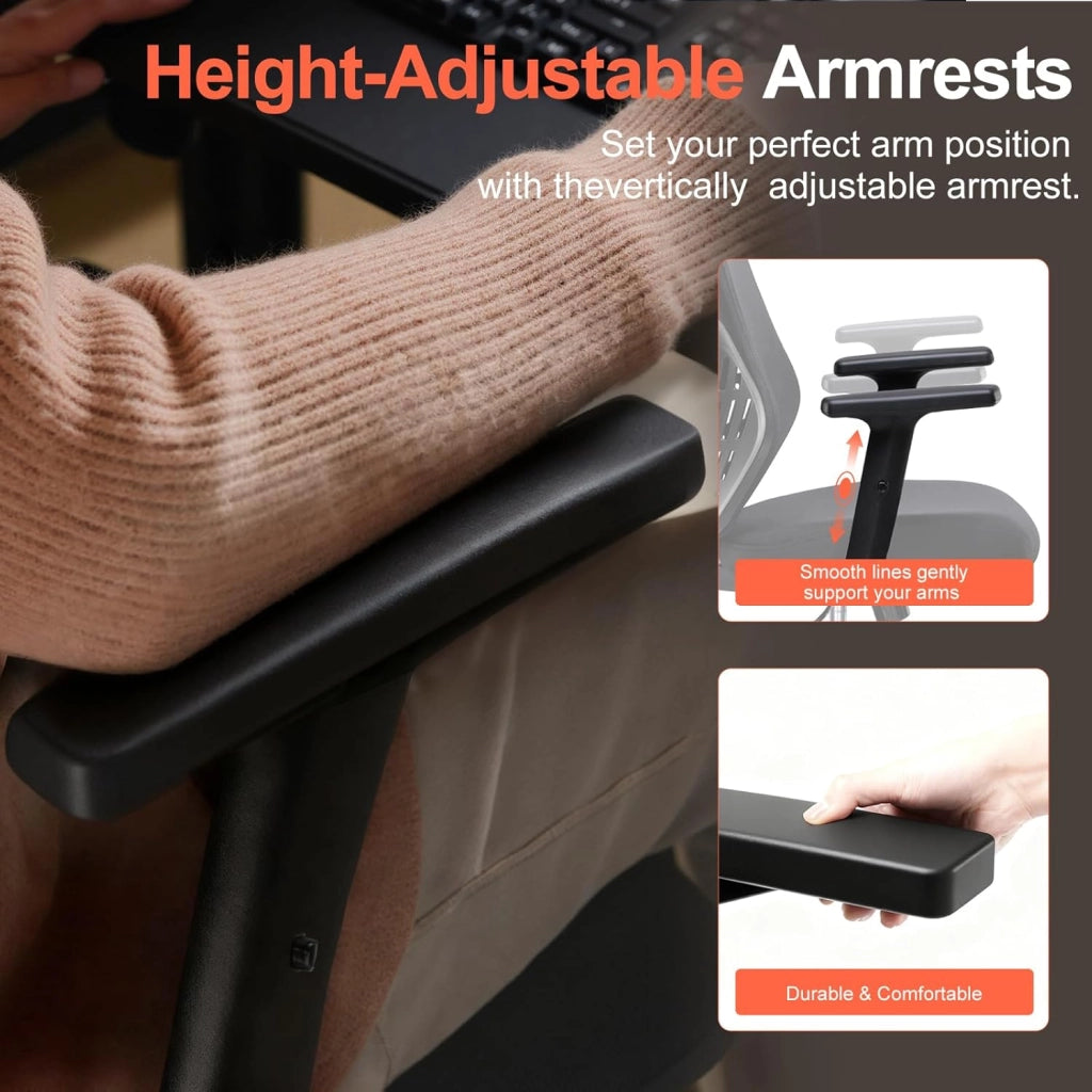 Sedia da ufficio ergonomica con braccioli regolabili, in rete traspirante, schienale a forma di V, funzione basculante, seduta in schiuma ad alta densità, colore nero