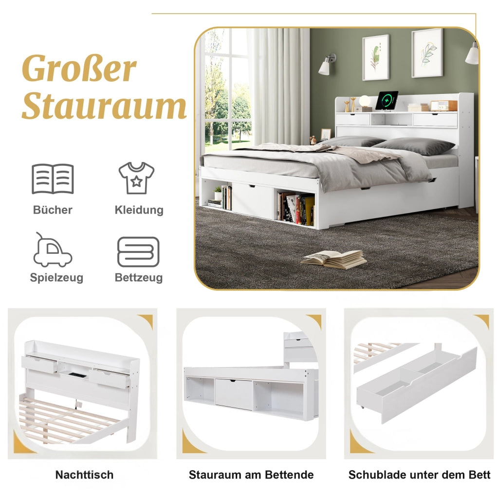 Letto multifunzionale 140 x 190 cm bianco con prese, cassetti e armadietti