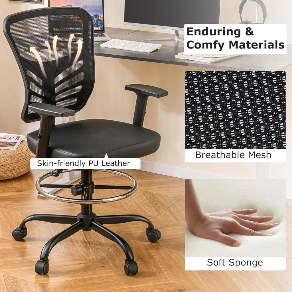 Sedia da Disegno Regolabile in Altezza, Sedia da Lavoro Girevole con Schienale Confortevole, Braccioli e Poggiapiedi Regolabili, Poltrona Ergonomica con 5 Ruote, per Casa, Ufficio, Studio
