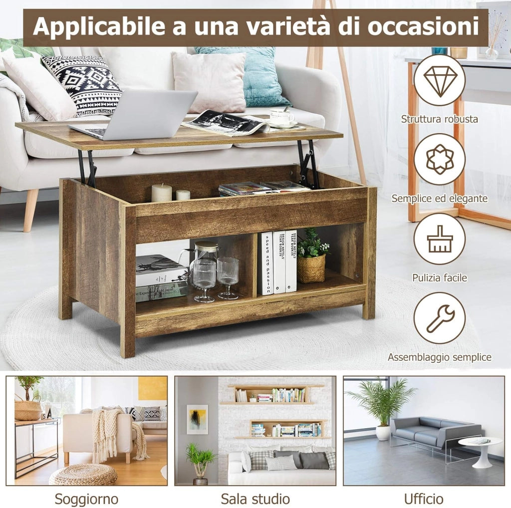 Tavolino Salotto Sollevabile, Tavolino da Caffè Basso con Scompartimenti Nascosti e Mensole, Tavolino Moderno per Soggiorno, Salone e Studio, 109 x 47,5 x 50-63 cm (Quercia)