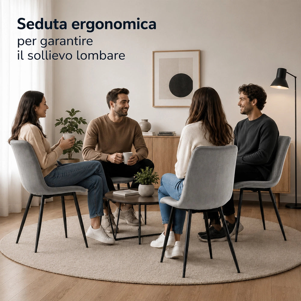 Set 4 Sedie Grigio Chiaro Rivestimento in Velluto e Piedi Neri Seduta Ergonomica