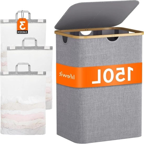 Cestino per la Lavanderia con Coperchio 3 Sezioni Grande - Maniglie in Bambù e Sacchi Lavanderia Rimovibili - per Camera da Letto Bagno Dormitorio Lavanderia - 150L - Grigio chiaro