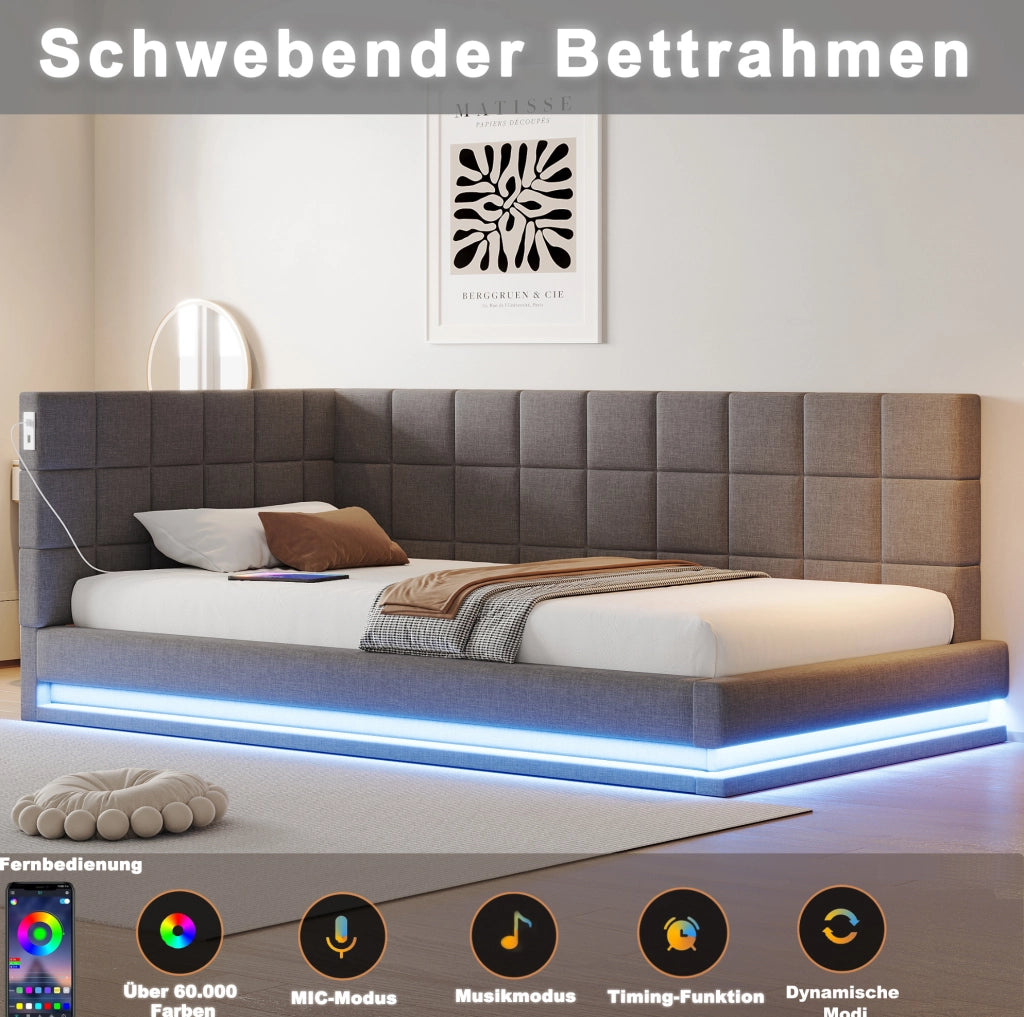 Letto singolo trasformabile 90x200 cm con LED e USB; lino; compensato e MDF; grigio