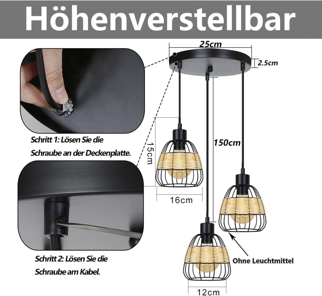 Lampada a Sospensione ZMH 3 luci rotonda nera E27 rattan vintage rustico retr¨° per soggiorno sala da pranzo e cucina