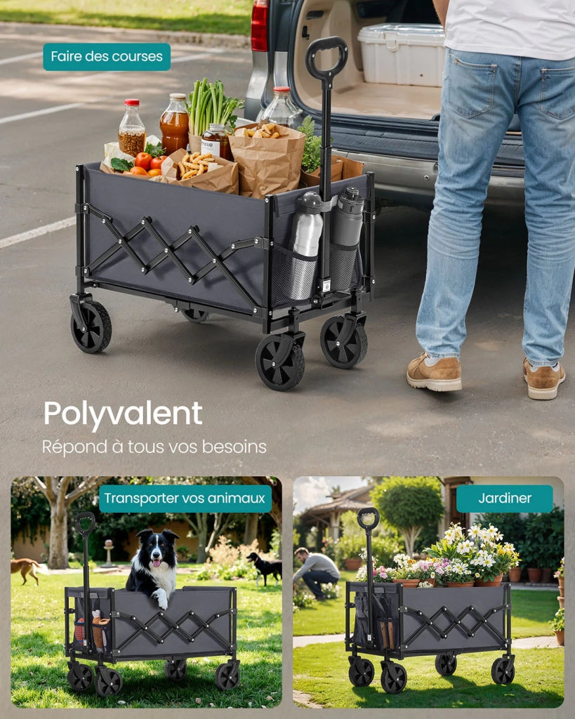 Carrello da trasporto pieghevole carrello da spiaggia carrello da campeggio con maniglia 4 ruote rinforzate di cui 2 universali portata 150 kg giardino esterno nero 12_0005032