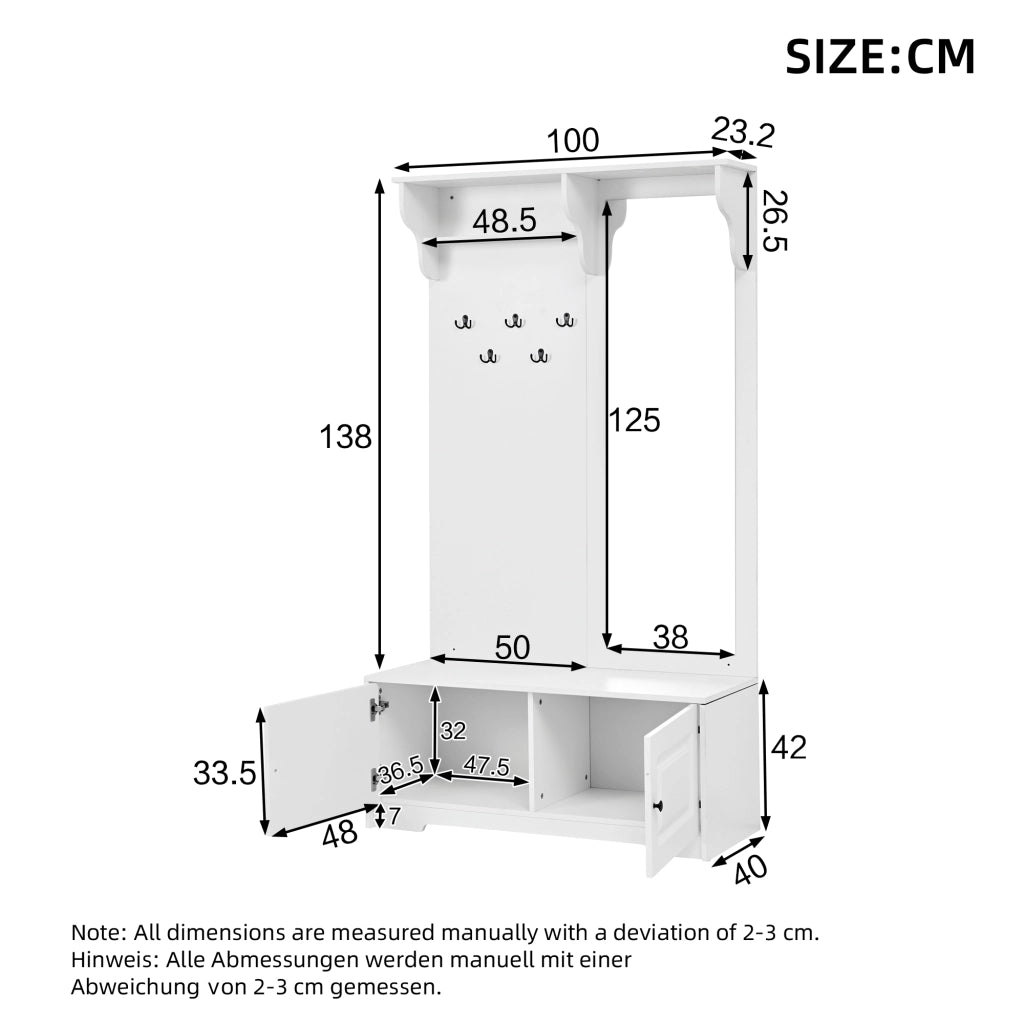 Mobile ingresso con specchio; 5 ganci; 2 vani e panca porta scarpe in MDF bianco 100 Ã— 40 Ã— 180 cm