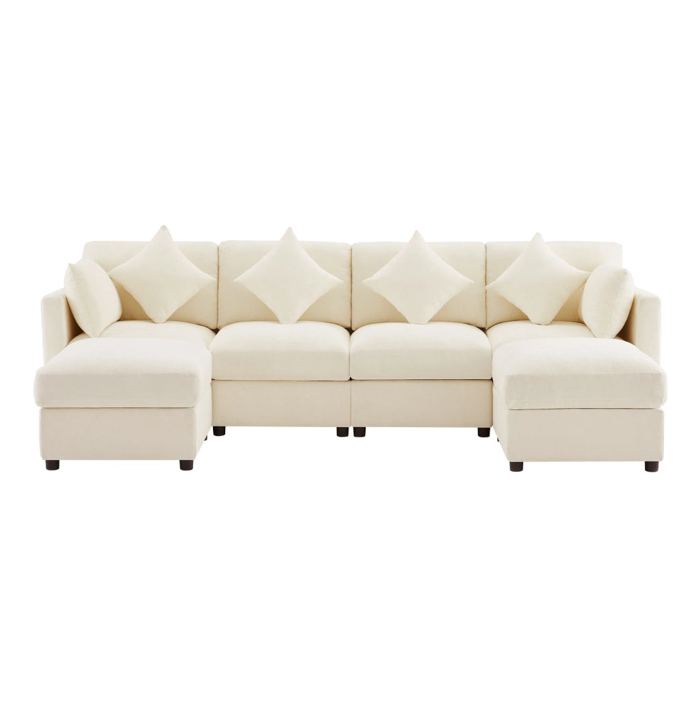 Divano modulare a forma di U/L in tessuto chenille beige con 2 pouf e 4 cuscini decorativi