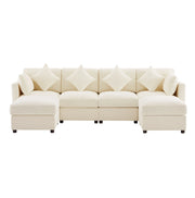 Divano modulare a forma di U/L in tessuto chenille beige con 2 pouf e 4 cuscini decorativi