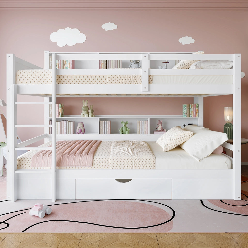 OKWISH Letto a Castello 90×200 cm e 90×200 cm, Letto 2 Posti con Cassetto, Vani Portaoggetti e Sponde, senza Materasso, Bianco