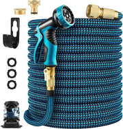 Serpentino flessibile espandibile tubo idraulico-10 impostazioni di aspersione-attacco di spruzzo-adapter di fissaggio- supporto di appendi-irrigazione giardinaggio-serpentina retrattile carico pesante-4 strati di gomma nitrile-75 m blu