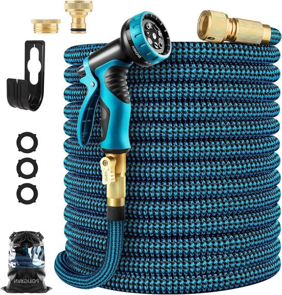 Serpentino flessibile espandibile tubo idraulico-10 impostazioni di aspersione-attacco di spruzzo-adapter di fissaggio- supporto di appendi-irrigazione giardinaggio-serpentina retrattile carico pesante-4 strati di gomma nitrile-75 m blu