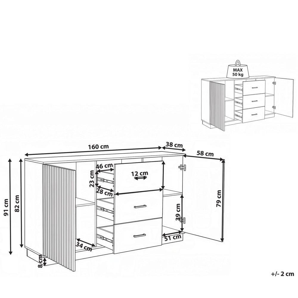 Credenza in MDF marrone con 3 cassetti e 2 ante finitura in melamina per soggiorno moderno