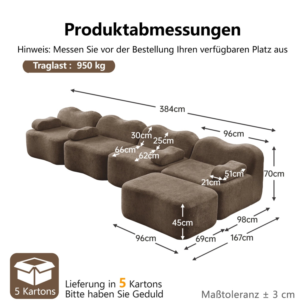 Divano angolare modulare 4 posti con pouf; 384x167x70 cm in velluto marrone