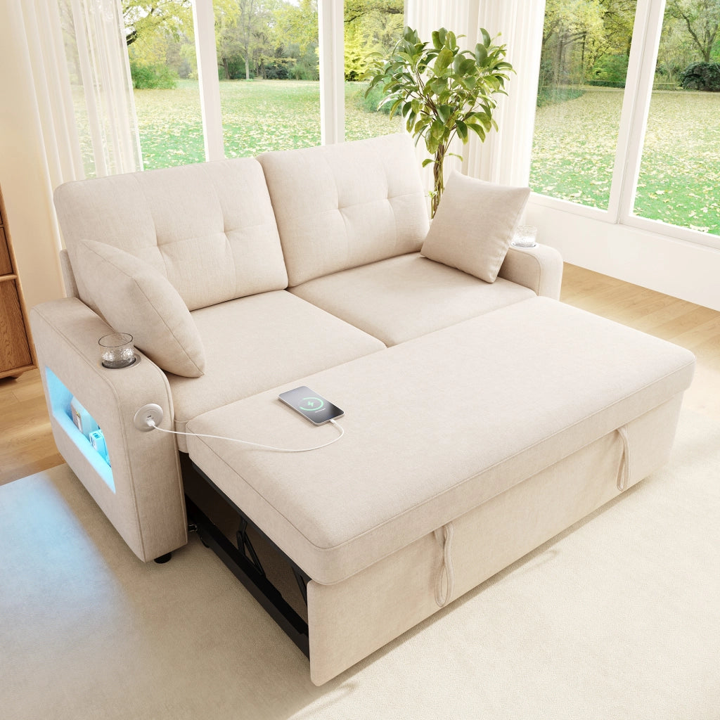 Divano letto 2 posti estraibile 141;5x131x83;5 cm in chenille beige con LED e USB/Type-C