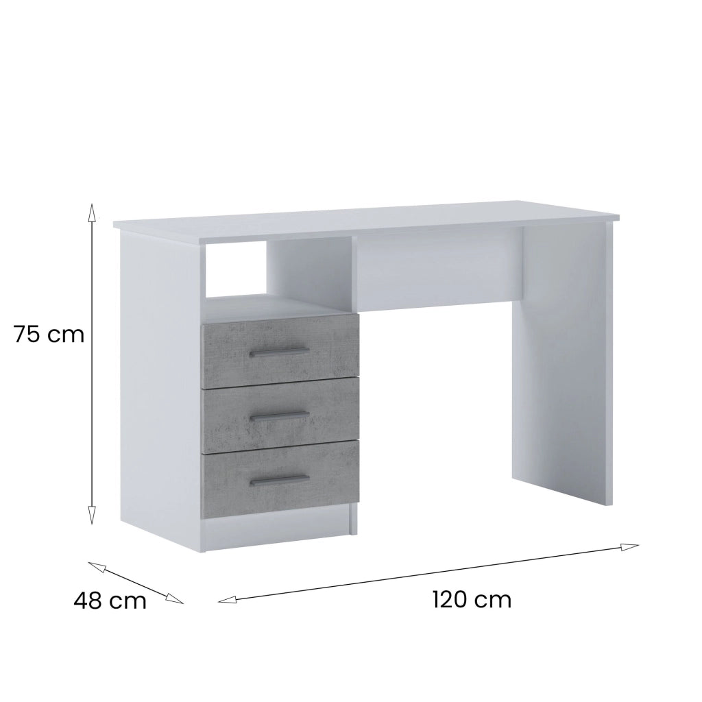 Scrivania Ardauli, Scrittoio multiuso, Tavolo per ufficio porta PC, Piano di lavoro, 120x48h75 cm, Bianco e Cemento