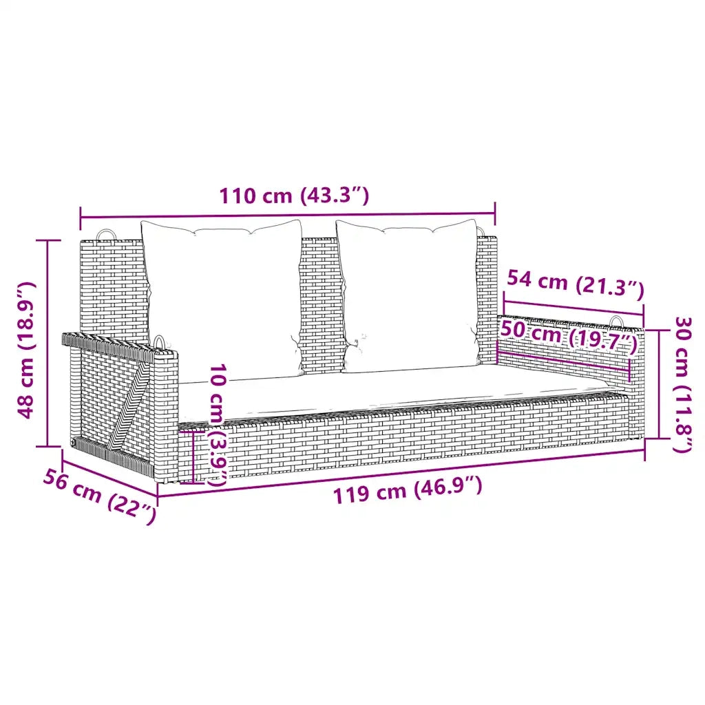 Panca a dondolo con cuscini-Sgabello-Panca da esterno grigia 119x56x48 cm in polyrattan