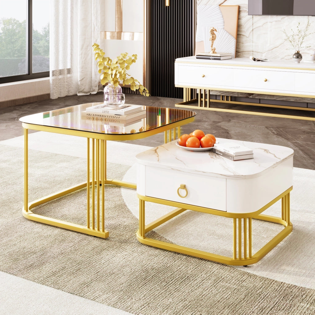TAVOLINI DA SALOTTO Set 2 pezzi 60x60x44,5 cm + 50x50x34,5 cm MDF Bianco/Oro