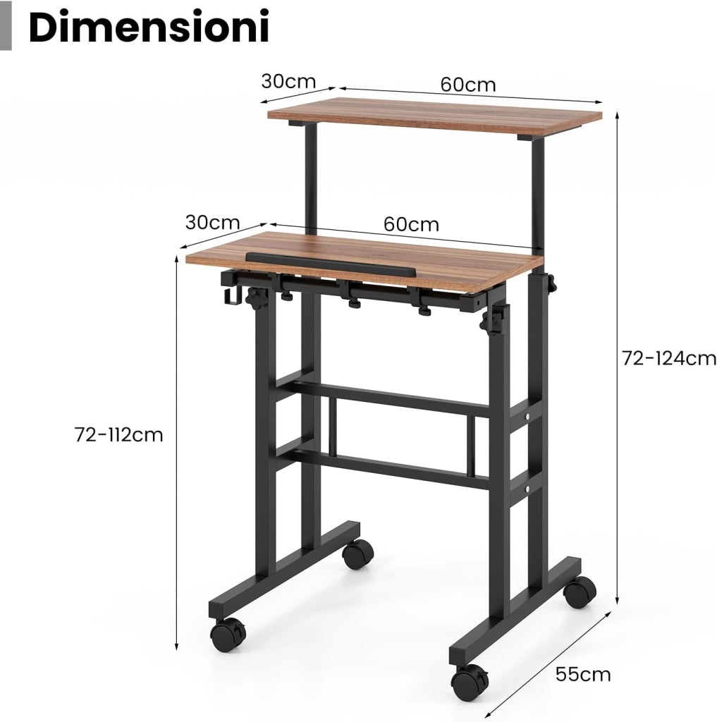 Scrivania per Computer Regolabile in Altezza, Postazione di Lavoro per Computer con Ruote e Ganci, Tavolo Porta PC per Studio e Ufficio, 60 x 60 x 72-124 cm (Marrone)