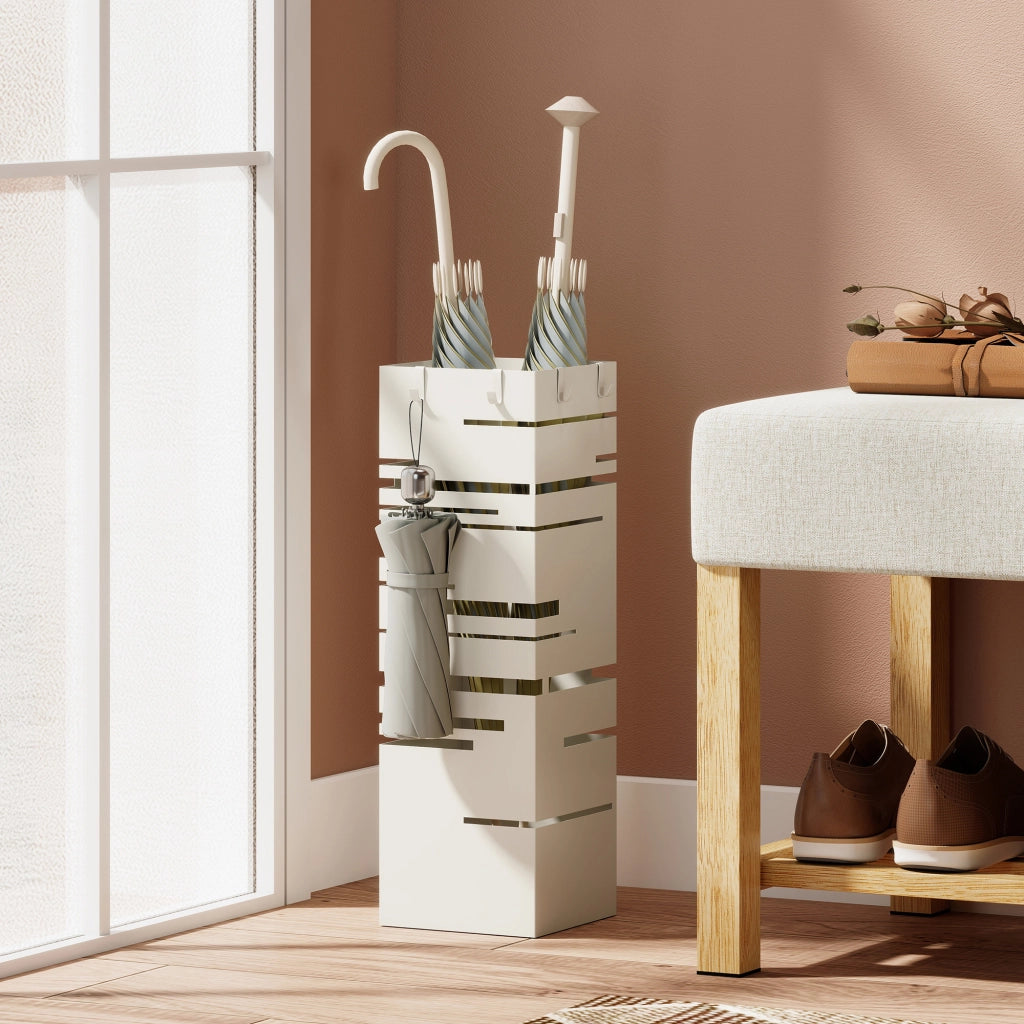 Portaombrelli Quadrato in Metallo con Vassoio Antigoccia Rimovibile e 4 Ganci, 15.5x15.5x49 cm, Beige