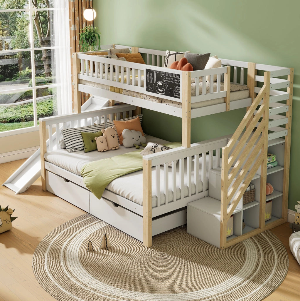 Letto a castello per bambini in pino con scivolo, lavagna e contenitori, bianco