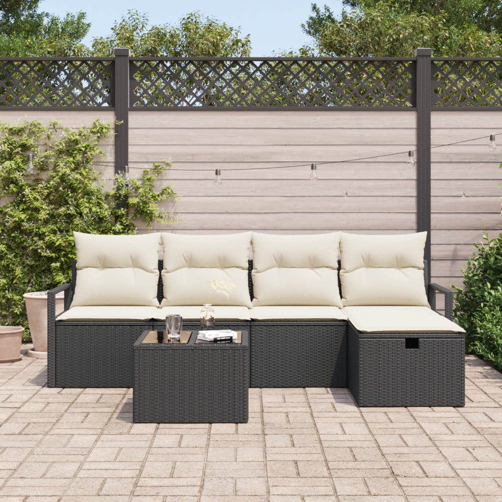 Set Divano da Giardino  6 Pezzi con Cuscini Nero Polyrattan