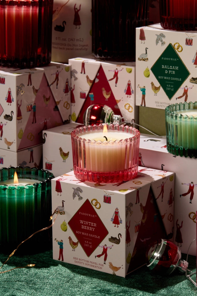 Set Regalo di Natale  3 Candele Profumate in Vetro Zigrinato  Winter Berry, Menta Rosa, Abete Balsamico