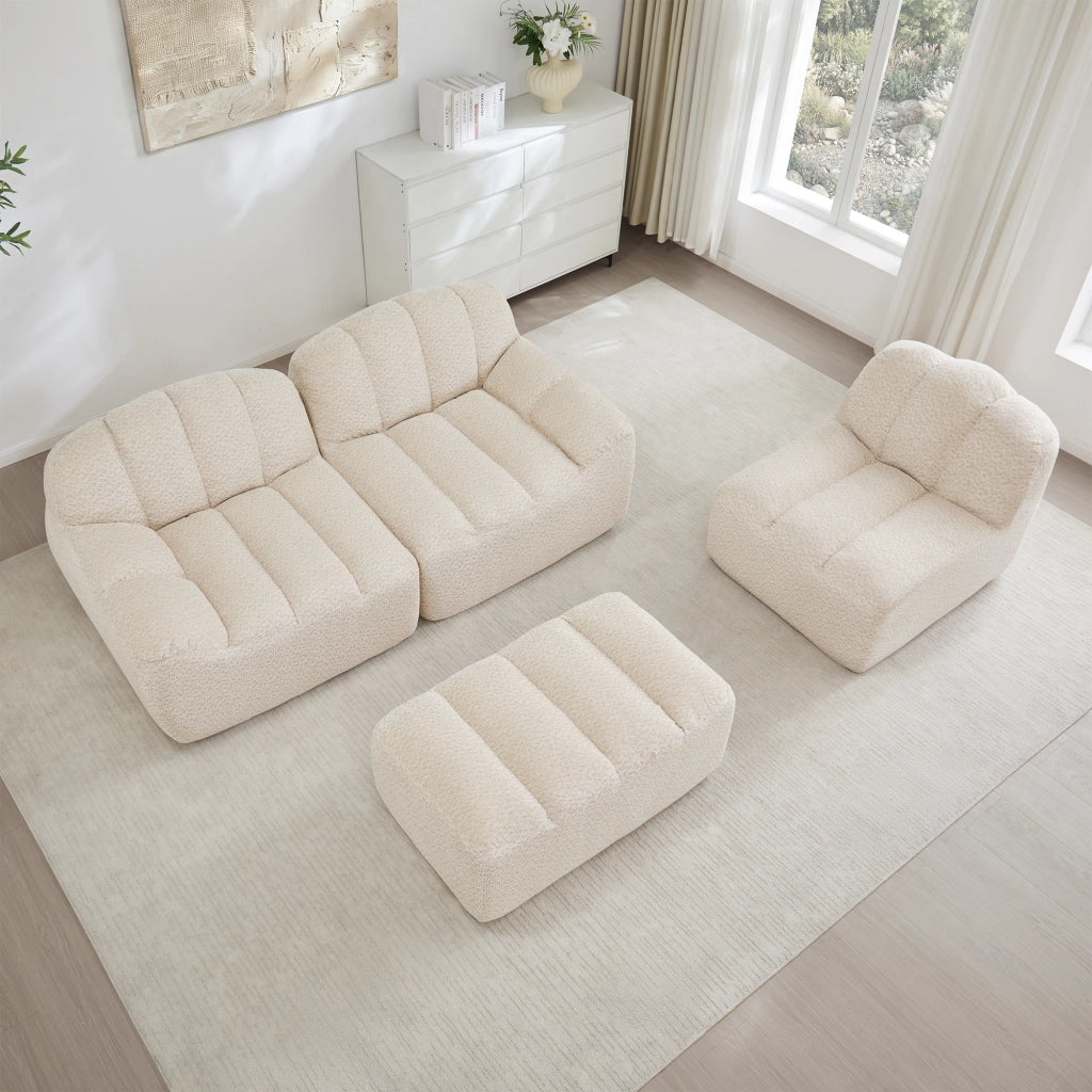 Divano modulare ad angolo con seduta profonda e pouf, per soggiorno, in pile granulato beige bianco 288 × 165 × 79 cm