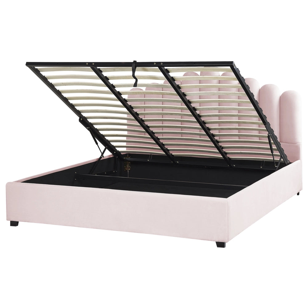 Letto contenitore matrimoniale rete a doghe velluto rosa 180 x 200 testiera a conchiglia