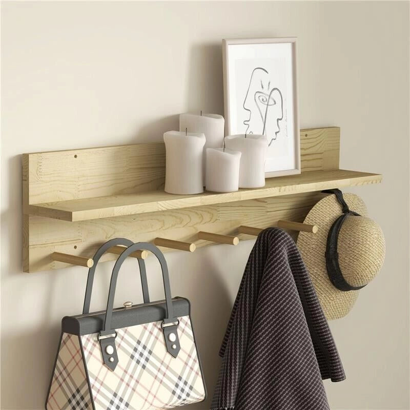 MENSOLA DA PARETE IN LEGNO DI ABETE CON 7 GANCI PER INGRESSO E SOGGIORNO, 80X12X20 CM