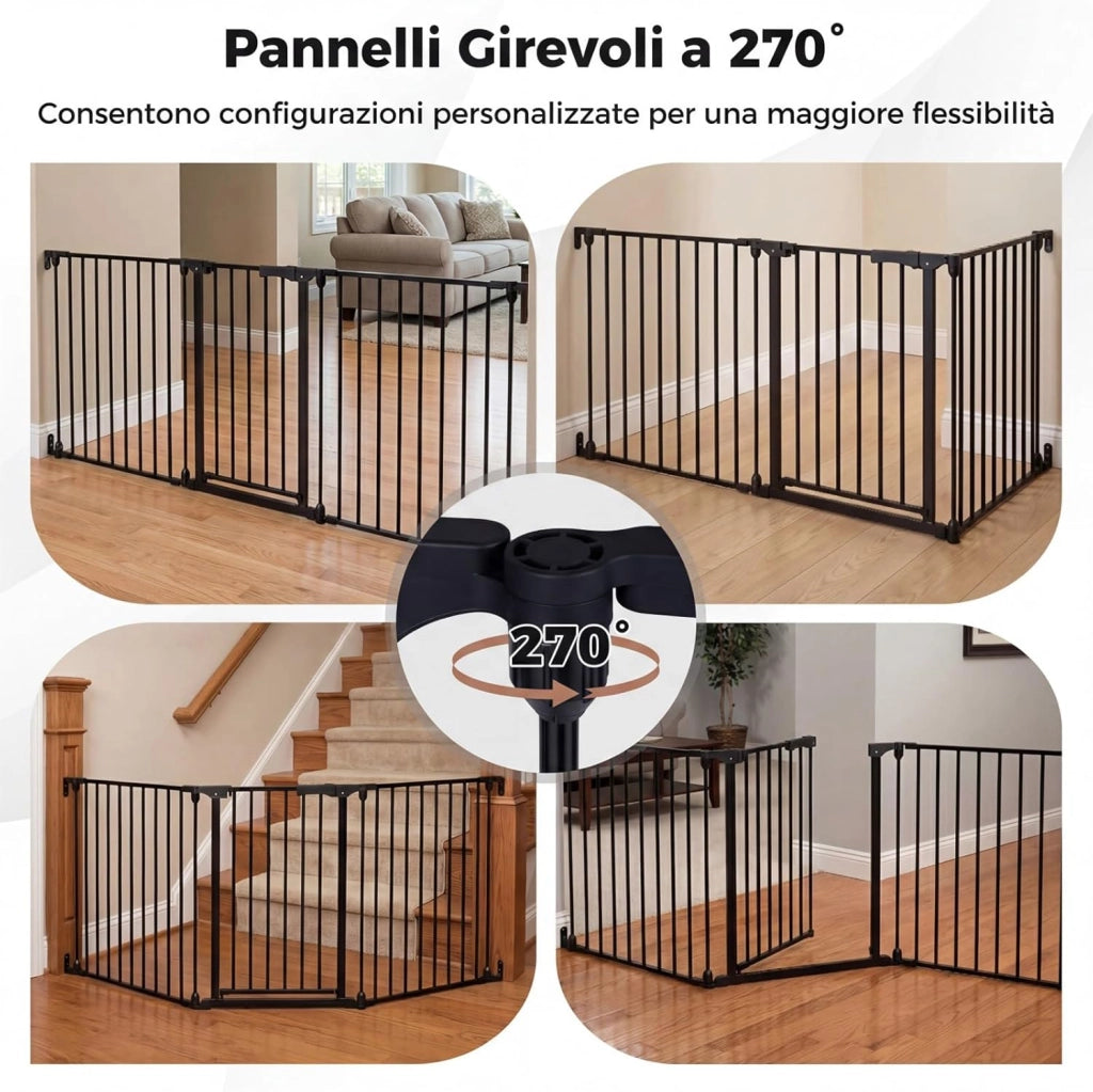 198 cm Cancelletto a 3 Pannelli per Cani, Recinzione Pieghevole in Metallo con Doppia Chiusura, Apertura Bidirezionale Cancello per Bambini e Animali, Ideale per Scala e Camino (Nero)