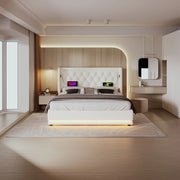 Letto Contenitore Matrimoniale Imbottito con LED e USB ¨C Xylo ¨C Bianco, 140x200, Idraulico, Similpelle