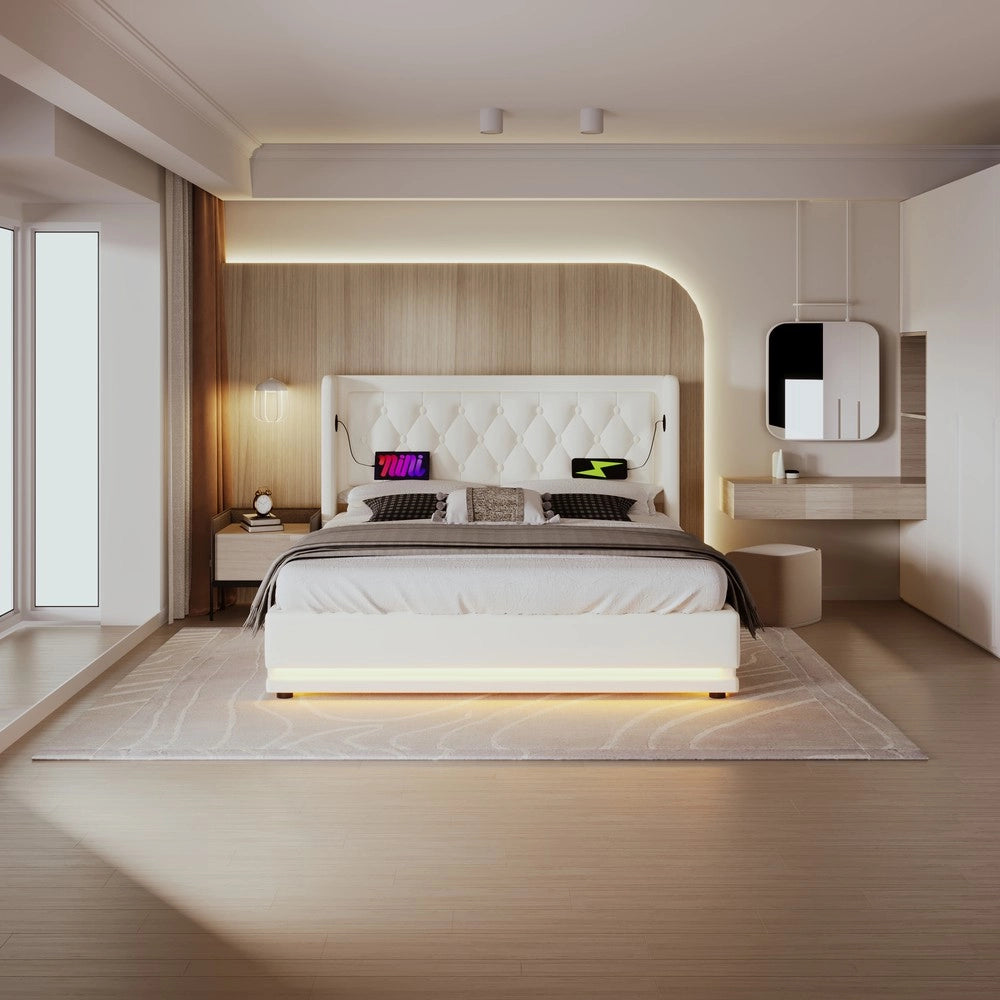 Letto Contenitore Matrimoniale Imbottito con LED e USB ¨C Xylo ¨C Bianco, 140x200, Idraulico, Similpelle