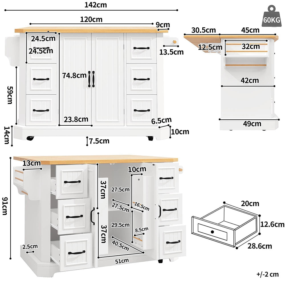Isola da cucina mobile - Xylo - 120x45(75)x91 cm - bianco/nero - 2 ante e 6 cassetti