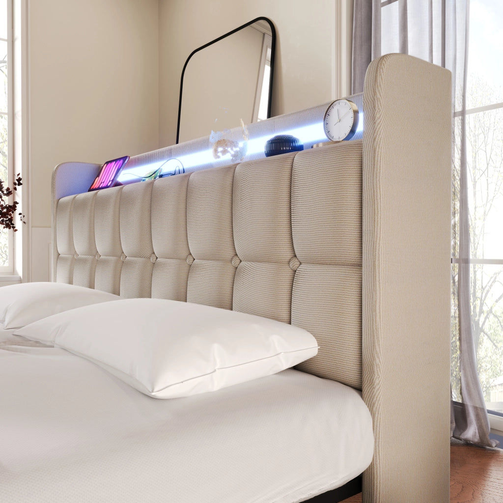 Letto Imbottito con LED e Cassetti ¨C MINIMAL ¨C Matrimoniale 180x200, Beige, Rete a Doghe