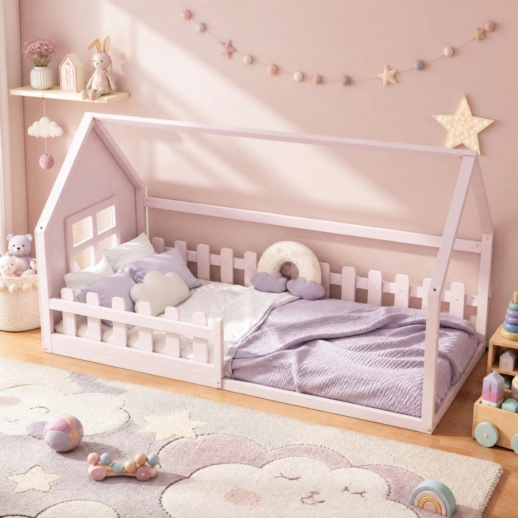 Letto per bambini a casetta rosa 90x200 cm in pino e MDF