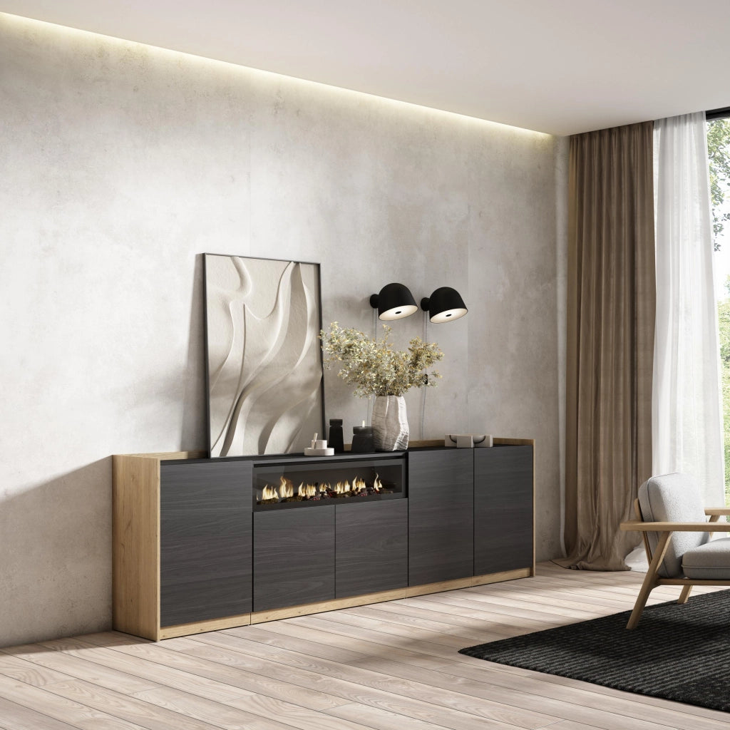 Credenza, Mobile, Cucina, 260x80x37 cm, 5 Porte, Camino elettrico, Nero e rovere